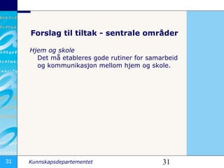 Forslag til tiltak - sentrale områder Hjem og skole Det må etableres gode rutiner for samarbeid og kommunikasjon mellom hjem og skole.  
