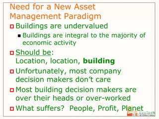 Need for a New Asset
Management Paradigm
 Buildings    are undervalued
     Buildings are integral to the majority of
      economic activity
 Should  be:
  Location, location, building
 Unfortunately, most company
  decision makers don’t care
 Most building decision makers are
  over their heads or over-worked
 What suffers? People, Profit, Planet
 