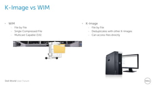 Dell World User Forum
K-Image vs WIM
• WIM
– File by File
– Single Compressed File
– Multicast Capable (3.6)
• K-Image
– File by File
– Deduplicates with other K-Images
– Can access files directly
 