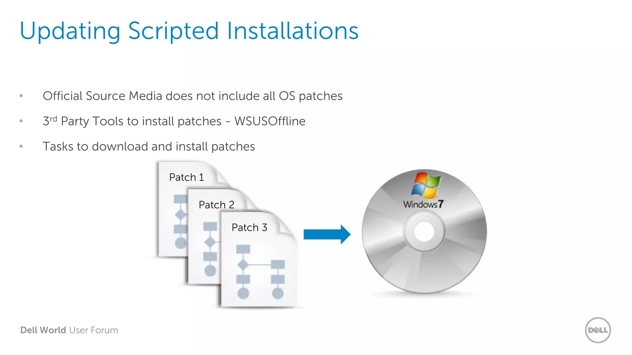 Dell World User Forum
Updating Scripted Installations
• Official Source Media does not include all OS patches
• 3rd Party Tools to install patches - WSUSOffline
• Tasks to download and install patches
Patch 1
Patch 2
Patch 3
 