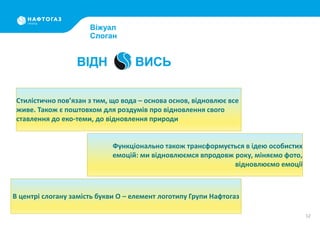 12
Стилістично пов’язан з тим, що вода – основа основ, відновлює все
живе. Також є поштовхом для роздумів про відновлення свого
ставлення до еко-теми, до відновлення природи
Віжуал
Слоган
В центрі слогану замість букви О – елемент логотипу Групи Нафтогаз
Функціонально також трансформується в ідею особистих
емоцій: ми відновлюємся впродовж року, міняємо фото,
відновлюємо емоції
ВІДН ВИСЬ
 