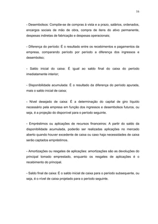 16

- Desembolsos: Compõe-se de compras à vista e a prazo, salários, ordenados,
encargos sociais de mão de obra, compra de itens do ativo permanente,
despesas indiretas de fabricação e despesas operacionais;
- Diferença do período: É o resultado entre os recebimentos e pagamentos da
empresa, comparando período por período a diferença dos ingressos e
desembolso;
- Saldo inicial do caixa: É igual ao saldo final do caixa do período
imediatamente interior;
- Disponibilidade acumulada: É o resultado da diferença do período apurada,
mais o saldo inicial de caixa;
- Nível desejado de caixa: É a determinação do capital de giro líquido
necessário pela empresa em função dos ingressos e desembolsos futuros, ou
seja, é a projeção do disponível para o período seguinte.
- Empréstimos ou aplicações de recursos financeiros: A partir do saldo da
disponibilidade acumulada, poderão ser realizadas aplicações no mercado
aberto quando houver excedente de caixa ou caso haja necessidades de caixa
serão captados empréstimos.
- Amortizações ou resgates de aplicações: amortizações são as devoluções do
principal tomado emprestado, enquanto os resgates de aplicações é o
recebimento do principal.
- Saldo final de caixa: É o saldo inicial de caixa para o período subsequente, ou
seja, é o nível de caixa projetado para o período seguinte.

 