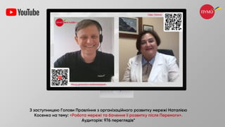 З заступницею Голови Правління з організаційного розвитку мережі Наталією
Косенко на тему: «Робота мережі та бачення її розвитку після Перемоги».
Аудиторія: 976 переглядів*
 