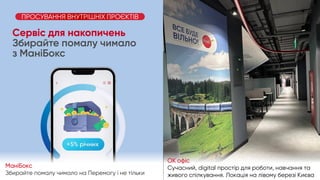 ПРОСУВАННЯ ВНУТРІШНІХ ПРОЄКТІВ
ОК офіс
Сучасний, digital простір для роботи, навчання та
живого спілкування. Локація на лівому березі Києва
МаніБокс
Збирайте помалу чимало на Перемогу і не тільки
 