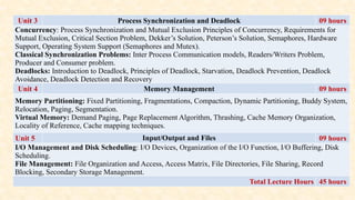 Unit 3 Process Synchronization and Deadlock 09 hours
Concurrency: Process Synchronization and Mutual Exclusion Principles of Concurrency, Requirements for
Mutual Exclusion, Critical Section Problem, Dekker’s Solution, Peterson’s Solution, Semaphores, Hardware
Support, Operating System Support (Semaphores and Mutex).
Classical Synchronization Problems: Inter Process Communication models, Readers/Writers Problem,
Producer and Consumer problem.
Deadlocks: Introduction to Deadlock, Principles of Deadlock, Starvation, Deadlock Prevention, Deadlock
Avoidance, Deadlock Detection and Recovery
Unit 4 Memory Management 09 hours
Memory Partitioning: Fixed Partitioning, Fragmentations, Compaction, Dynamic Partitioning, Buddy System,
Relocation, Paging, Segmentation.
Virtual Memory: Demand Paging, Page Replacement Algorithm, Thrashing, Cache Memory Organization,
Locality of Reference, Cache mapping techniques.
Unit 5 Input/Output and Files 09 hours
I/O Management and Disk Scheduling: I/O Devices, Organization of the I/O Function, I/O Buffering, Disk
Scheduling.
File Management: File Organization and Access, Access Matrix, File Directories, File Sharing, Record
Blocking, Secondary Storage Management.
Total Lecture Hours 45 hours
 