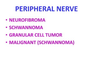 PERIPHERAL NERVE
• NEUROFIBROMA
• SCHWANNOMA
• GRANULAR CELL TUMOR
• MALIGNANT (SCHWANNOMA)
 