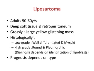 Liposarcoma
• Adults 50-60yrs
• Deep soft tissue & retroperitoneum
• Grossly : Large yellow glistening mass
• Histologically :
– Low grade : Well differentiated & Myxoid
– High grade :Round & Pleomorphic
(Diagnosis depends on identification of lipoblasts)
• Prognosis depends on type
 