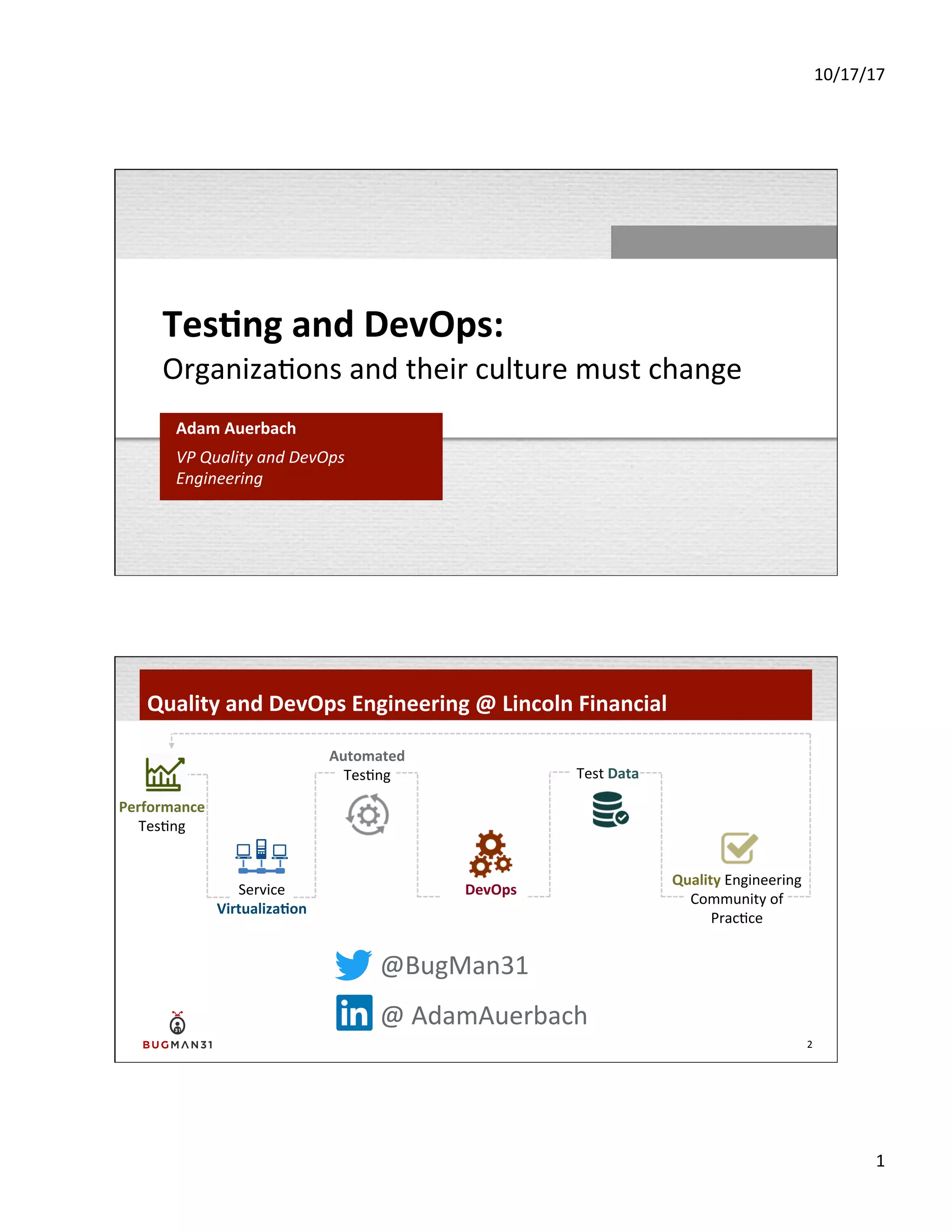 10/17/17	
  
1	
  
Tes$ng	
  and	
  DevOps:	
  
Organiza-ons	
  and	
  their	
  culture	
  must	
  change	
  
Adam	
  Auerbach	
  
VP	
  Quality	
  and	
  DevOps	
  
Engineering	
  
	
  
Quality	
  and	
  DevOps	
  Engineering	
  @	
  Lincoln	
  Financial	
  
2	
  
Performance	
  
Tes-ng	
  
Service	
  
Virtualiza$on	
  
Automated	
  
Tes-ng	
  
DevOps	
  
Test	
  Data	
  	
  
Quality	
  Engineering	
  
Community	
  of	
  
Prac-ce	
  
@BugMan31	
  
@	
  AdamAuerbach	
  
 