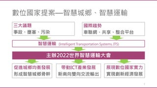 數位國家提案—智慧城鄉、智慧運輸
2
國際趨勢
車聯網、共享、整合平台
促進城鄉均衡發展
形成智慧城鄉骨幹
三大議題
事故、壅塞、污染
帶動ICT產業發展
新南向雙向交流輸出
主辦2022世界智慧運輸大會
智慧運輸 (Intelligent Transportation Systems, ITS)
展現數位國家實力
實現創新經濟發展
 