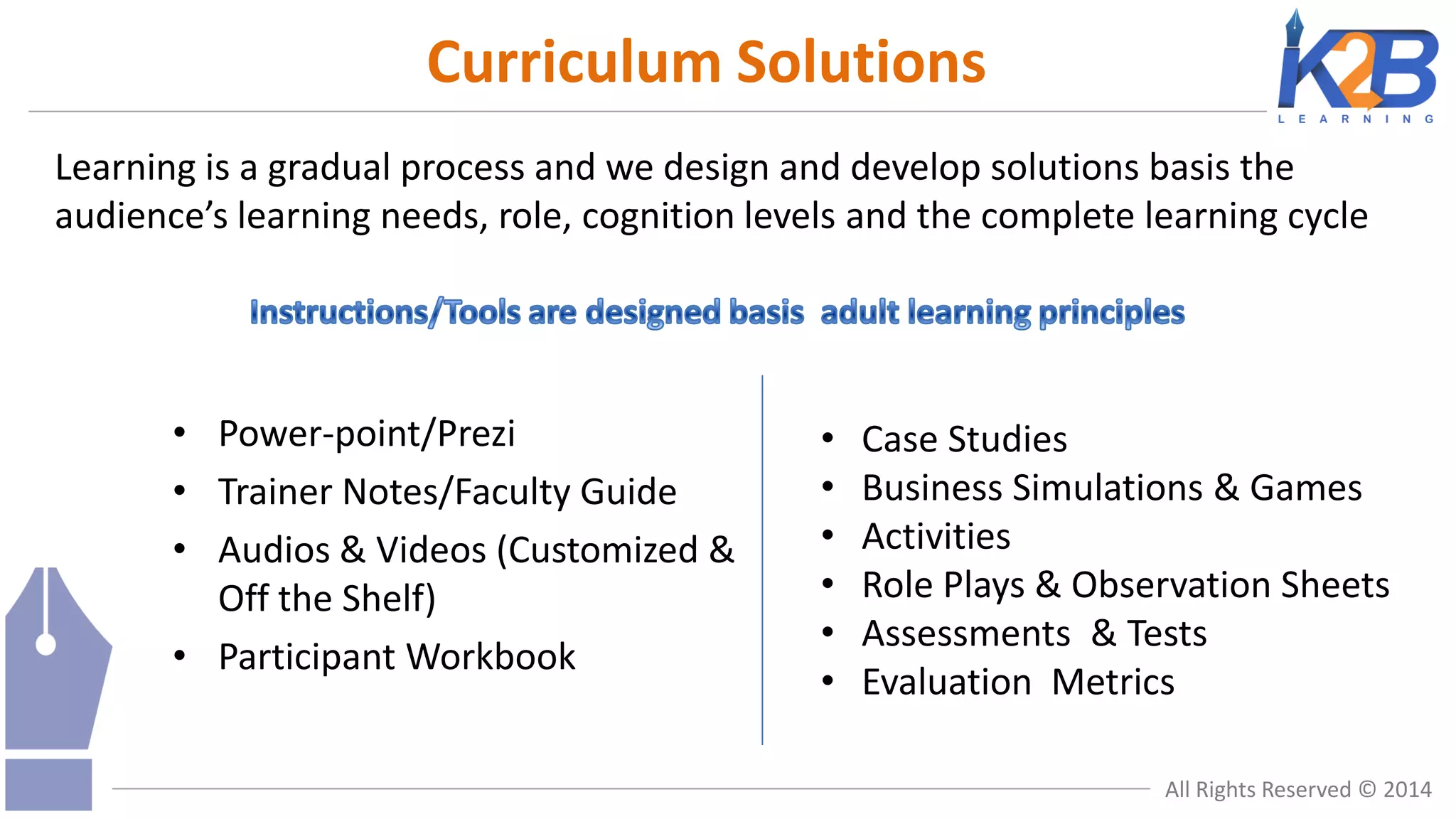 Curriculum Solutions
Learning is a gradual process and we design and develop solutions basis the
audience’s learning needs, role, cognition levels and the complete learning cycle

• Power-point/Prezi
• Trainer Notes/Faculty Guide
• Audios & Videos (Customized &
Off the Shelf)
• Participant Workbook

•
•
•
•
•
•

Case Studies
Business Simulations & Games
Activities
Role Plays & Observation Sheets
Assessments & Tests
Evaluation Metrics
All Rights Reserved © 2014

 