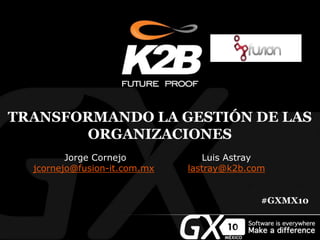 TRANSFORMANDO LA GESTIÓN DE LAS
ORGANIZACIONES
Jorge Cornejo
jcornejo@fusion-it.com.mx
Luis Astray
lastray@k2b.com
#GXMX10
 