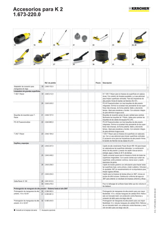 Accesorios para K 2
1.673-220.0
K2,1.673-220.0,2014-04-22
Ref. de pedido Precio Descripción
Adaptador de conexión para
mangueras de riego
18 2.640-732.0

Limpiadora de grandes superficies
T 300 T-Racer 19 2.640-212.0 El T 300 T-Racer para la limpieza de superficies sin salpica-
duras. Con presión de limpieza ajustable y un asa adicional
para limpiar superficies verticales. Para las limpiadoras de
alta presión Home & Garden de Kärcher (K2 -K7).

20 2.643-245.0 PS 40 Powerschrubber con tres boquillas de alta presión
integradas. Elimina la suciedad más persistente de las super-
ficies más diversas, de forma potente, fiable y ahorrando
tiempo. Ideal para escaleras y bordes. Con extractor integra-
do para eliminar el agua sucia.

Boquillas de recambio para T-
Racer
21 2.640-727.0 Boquillas de recambio grises de gran calidad para cambiar
fácilmente las boquillas de T-Racer. Aptas para cambiar las
boquillas de las clases de equipos K2 a K5.

PS 40 Powerschrubber 22 2.640-865.0 PS 40 Powerschrubber con tres boquillas de alta presión
integradas. Elimina la suciedad más persistente de las super-
ficies más diversas, de forma potente, fiable y ahorrando
tiempo. Ideal para escaleras y bordes. Con extractor integra-
do para eliminar el agua sucia.

T 250 T-Racer 23 2.642-194.0 T 250 T-Racer para la limpieza de superficies sin salpicadu-
ras. Con un asa adicional para limpiar superficies verticales.
El accesorio sirve para las limpiadoras de alta presión Home
& Garden de Kärcher de las clases K2 a K7.

Cepillos y esponjas
24 2.643-237.0 Cepillo de alto rendimiento Power Brush WB 150 para limpiar
sin salpicaduras las superficies delicadas. La combinación
eficaz de alta presión y presión de cepillo manual ahorra
energía, agua y hasta un 30 % de tiempo.

25 2.643-246.0 Cepillo universal suave para la limpieza a fondo de todas las
superficies imaginables. Con suaves cerdas que cuidan las
superficies, anillo protector continuo, tuerca racor y cepillo
esponjoso de goma.

26 2.643-236.0 Cepillo de lavado giratorio con articulación para limpiar todas
las superficies lisas, como pintura, cristal o plástico. Articulaci-
ón ajustable 180º sin escalonamiento en la empuñadura para
limpiar lugares difíciles.

27 2.643-234.0 Cepillo para la limpieza de llantas eficaz en 360º, incluso en
puntos de difícil acceso. Distribución uniforme del agua en
360º para obtener un resultado de limpieza uniforme y eficaz.

Delta-Racer D 150 28 2.641-812.0 
29 6.903-276.0 Pour le nettoyage de surfaces lisses telles que les voitures et
les bateaux

Prolongación de manguera de alta presión – Sistema hasta el año 2007
Prolongación de mangueras de alta
presión, 10 m, K2-K7
30 6.389-092.0 Prolongación de mangueras de alta presión para una mayor
flexibilidad. 10 m, robusta manguera de calidad DN 8. Reforz-
ada con trenzado textil, con protección contra flexiones y
conexión de latón para una larga vida útil.

31 6.390-961.0

Prolongación de mangueras de alta
presión, 6 m, K2-K7
32 6.390-243.0 Prolongación de mangueras de alta presión para una mayor
flexibilidad. 6 m, robusta manguera de calidad DN-8. Reforza-
da con trenzado textil, con protección contra flexiones y cone-
xión de latón para una larga vida útil.

  Incluido en el equipo de serie.       Accesorio opcional.     
18 19 20 21 22 23 24, 28
25 26 27 29 30 31 32
 