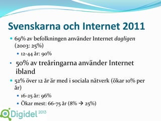 Svenskarna och Internet 2011
 69% av befolkningen använder Internet dagligen
 (2003: 25%)
   12-44 år: 90%

• 50% av treåringarna använder Internet
  ibland
 52% över 12 år är med i sociala nätverk (ökar 10% per
 år)
   16-25 år: 96%
   Ökar mest: 66-75 år (8%  25%)
 