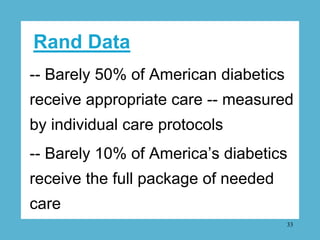 Rand Data
-- Barely 50% of American diabetics
receive appropriate care -- measured
by individual care protocols
-- Barely ...