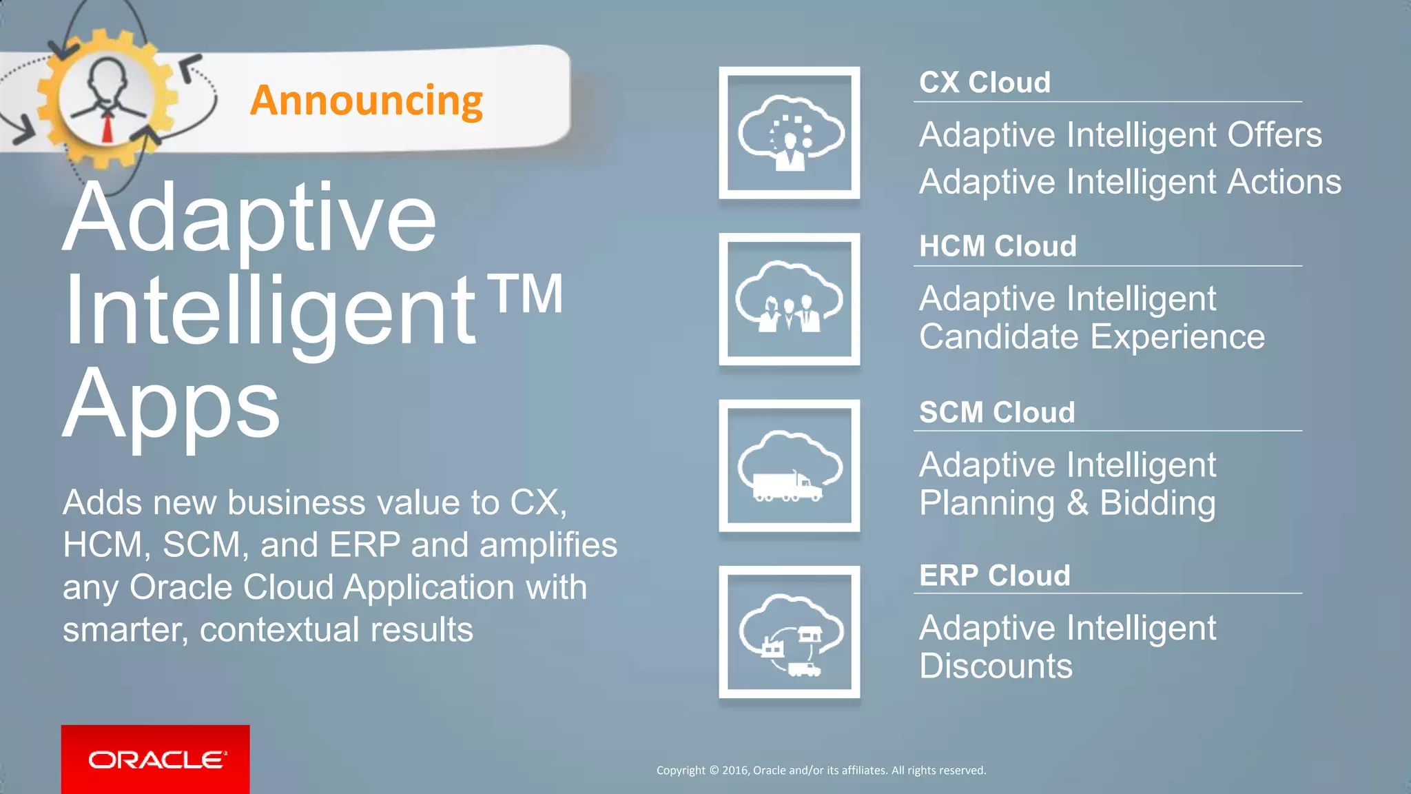 Copyright © 2016, Oracle and/or its affiliates. All rights reserved. 2828
CX Cloud
Adaptive Intelligent Offers
Adaptive Intelligent Actions
HCM Cloud
Adaptive Intelligent
Candidate Experience
SCM Cloud
Adaptive Intelligent
Planning & BiddingAdds new business value to CX,
HCM, SCM, and ERP and amplifies
any Oracle Cloud Application with
smarter, contextual results
ERP Cloud
Adaptive Intelligent
Discounts
Copyright © 2016, Oracle and/or its affiliates. All rights reserved.
Announcing
Adaptive
Intelligent™
Apps
 