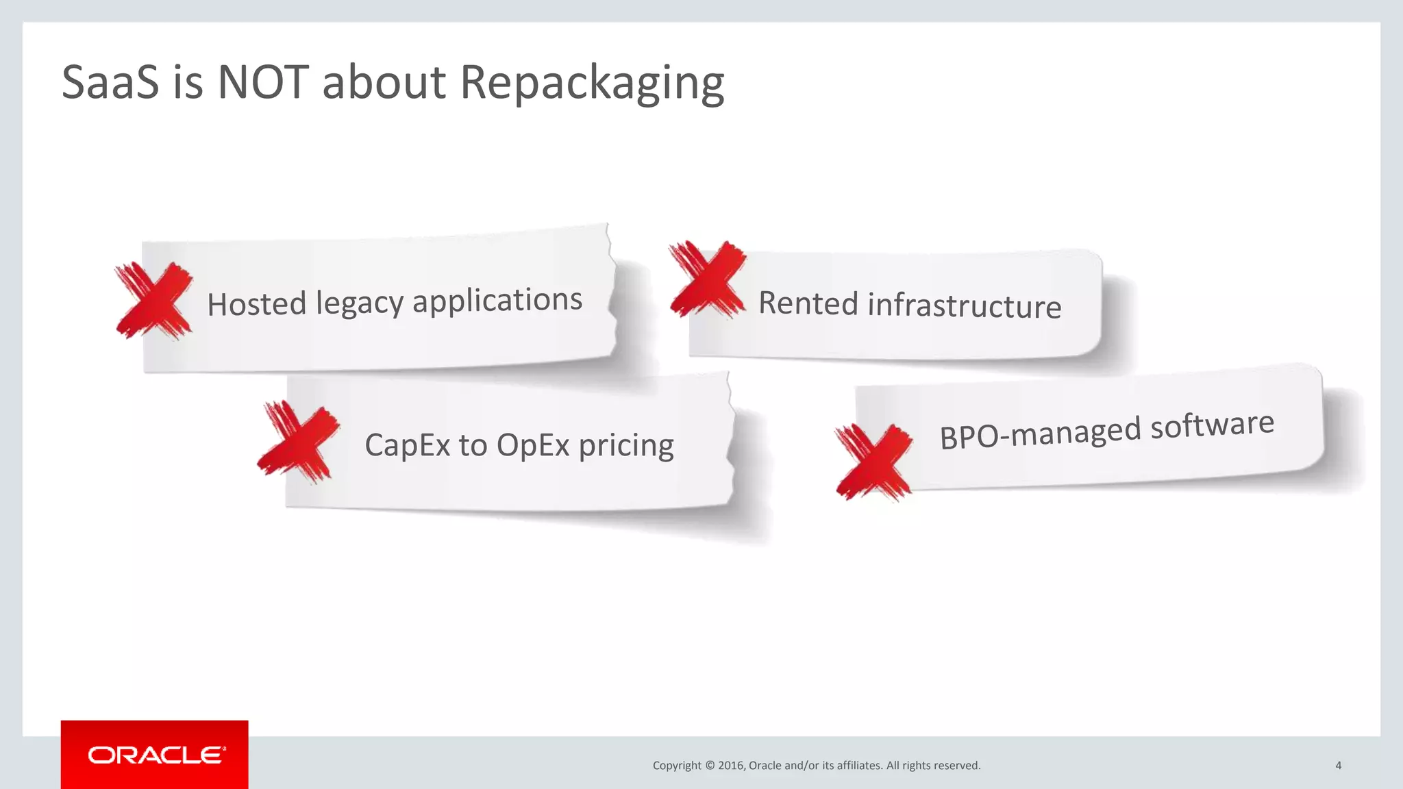 Copyright © 2016, Oracle and/or its affiliates. All rights reserved.
SaaS is NOT about Repackaging
4
CapEx to OpEx pricing
 