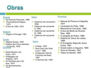 Poesia
 Os Poemas Possíveis, 1966
 Provavelmente Alegria,
1970
 O Ano de 1993, 1975
Viagem
 Viagem a Portugal, 1981
Conto
 Objecto Quase, 1978
 Poética dos Cinco Sentidos
- O Ouvido, 1979
Romance
 Manual de Pintura e Caligrafia,
1977
 Levantado do Chão, 1980
 Memorial do Convento, 1982
 O Ano da Morte de Ricardo
Reis, 1984
 A Jangada de Pedra, 1986
 História do Cerco de Lisboa,
1989
 O Evangelho Segundo Jesus
Cristo, 1991
 Ensaio sobre a Cegueira, 1995
 Terra do Pecado, 1947
 Todos os Nomes, 1997.
Crónica
 Deste Mundo e do
Outro, 1971
 A Bagagem do
Viajante, 1973
 As Opiniões que o DL
teve, 1974
 Os Apontamentos,
Diário
 Cadernos de Lanzarote I,
1994
 Cadernos de Lanzarote
II, 1995
 Cadernos de Lanzarote
III, 1996
 Cadernos de Lanzarote
IV
Teatro
 A Noite, 1979
 Que Farei Com Este
Livro?, 1980
 A Segunda Vida de
Francisco de Assis,
1987
 In Nomine Dei, 1993
 