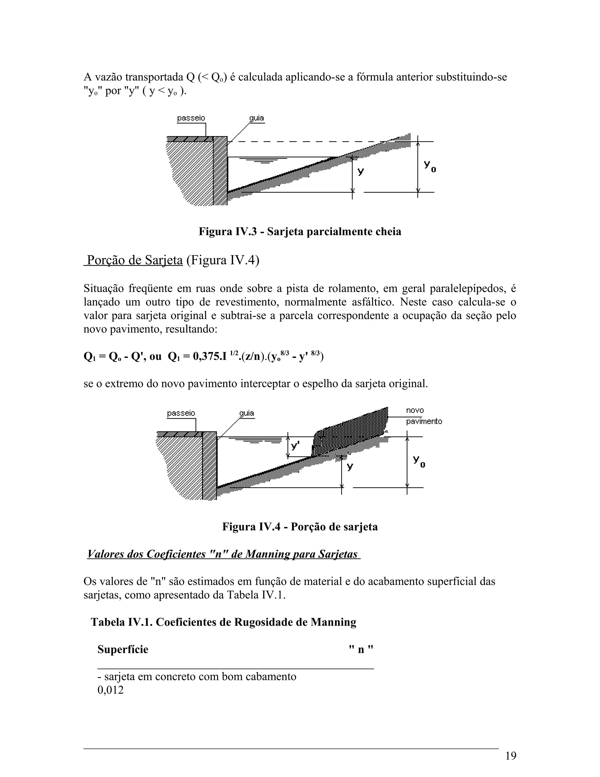 A vazão transportada Q (< Qo) é calculada aplicando-se a fórmula anterior substituindo-se
"yo" por "y" ( y < yo ).
Figura IV.3 - Sarjeta parcialmente cheia
Porção de Sarjeta (Figura IV.4)
Situação freqüente em ruas onde sobre a pista de rolamento, em geral paralelepípedos, é
lançado um outro tipo de revestimento, normalmente asfáltico. Neste caso calcula-se o
valor para sarjeta original e subtrai-se a parcela correspondente a ocupação da seção pelo
novo pavimento, resultando:
Q1 = Qo - Q', ou Q1 = 0,375.I 1/2
.(z/n).(yo
8/3
- y' 8/3
)
se o extremo do novo pavimento interceptar o espelho da sarjeta original.
Figura IV.4 - Porção de sarjeta
Valores dos Coeficientes "n" de Manning para Sarjetas
Os valores de "n" são estimados em função de material e do acabamento superficial das
sarjetas, como apresentado da Tabela IV.1.
Tabela IV.1. Coeficientes de Rugosidade de Manning
Superfície " n "
_______________________________________________
- sarjeta em concreto com bom cabamento
0,012
19
 