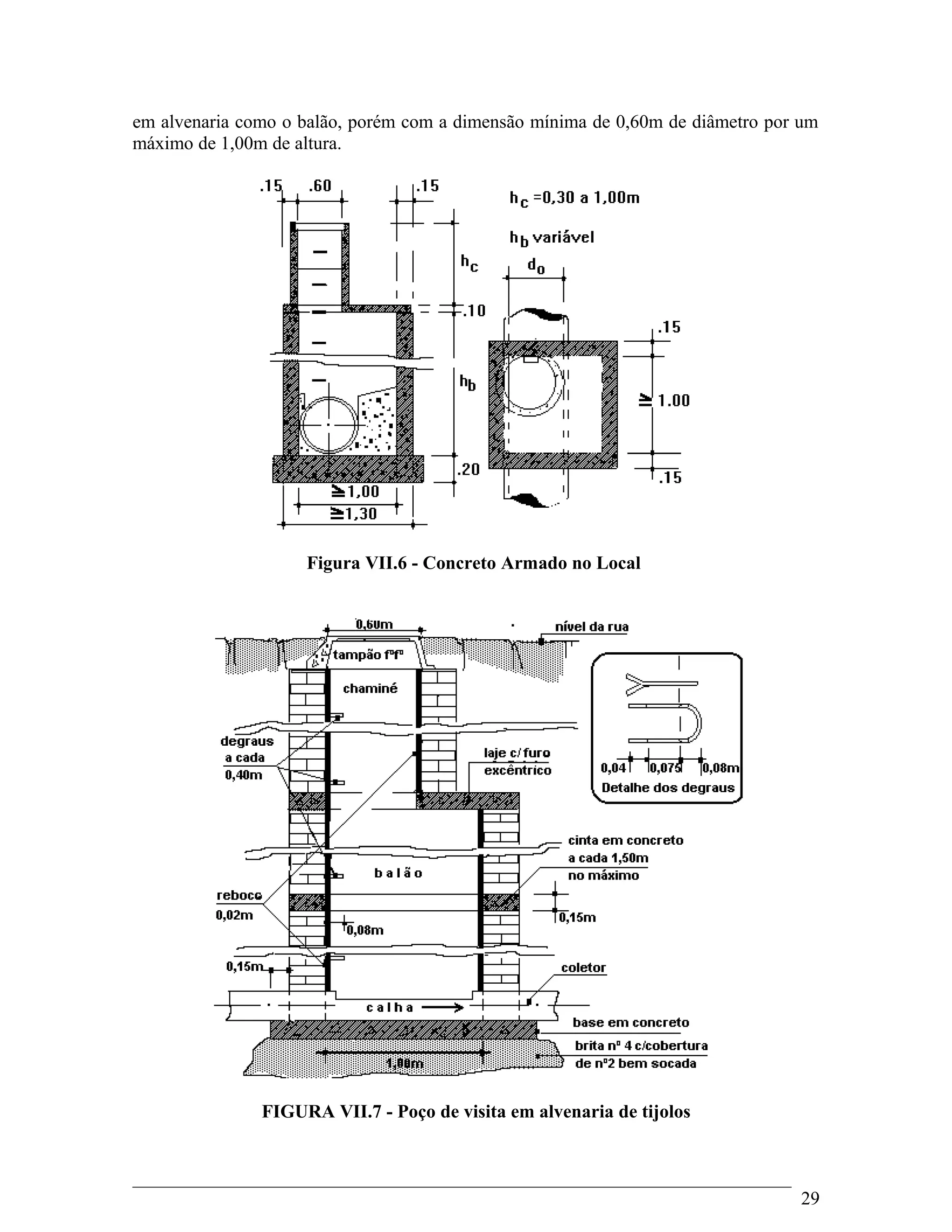 em alvenaria como o balão, porém com a dimensão mínima de 0,60m de diâmetro por um
máximo de 1,00m de altura.
Figura VII.6 - Concreto Armado no Local
FIGURA VII.7 - Poço de visita em alvenaria de tijolos
29
 