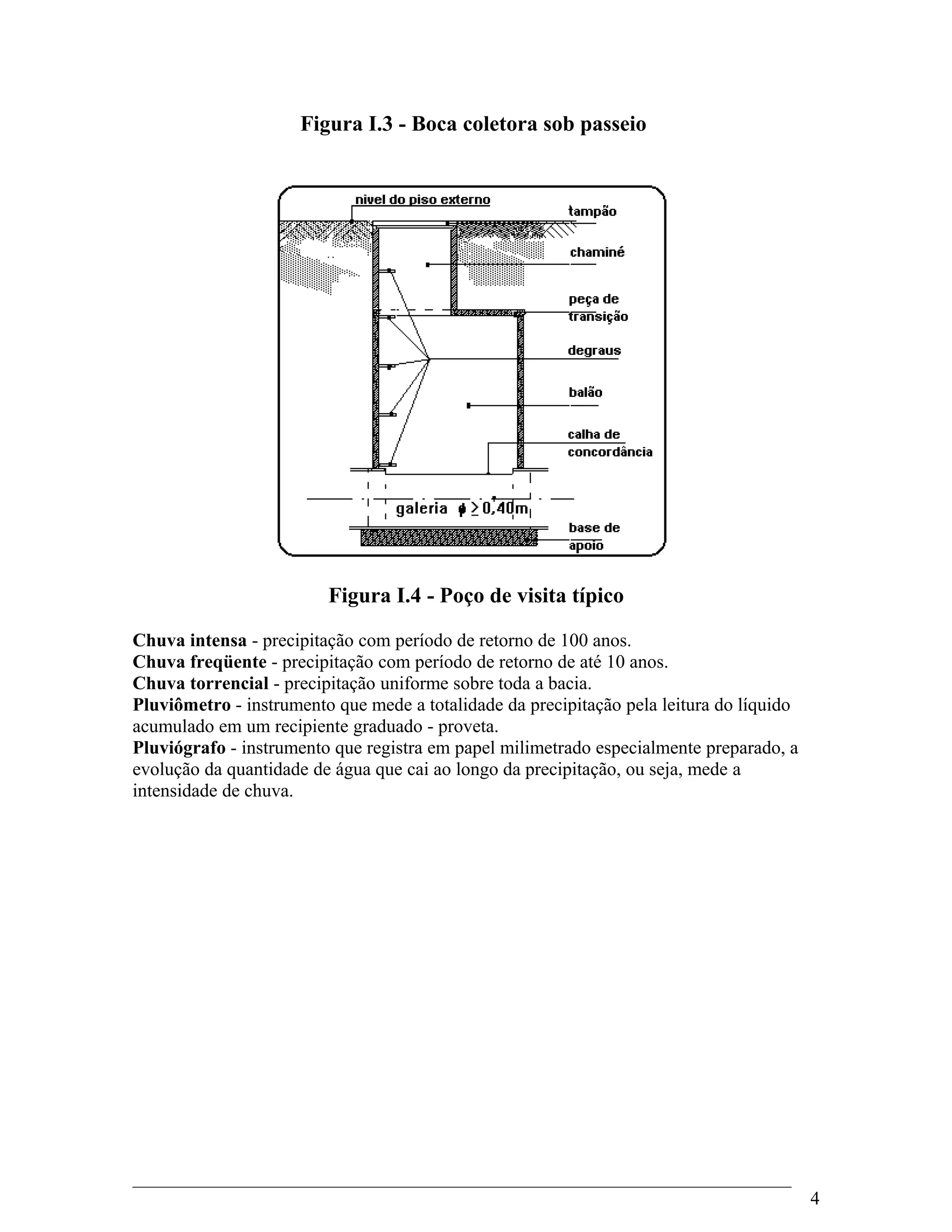 Figura I.3 - Boca coletora sob passeio
Figura I.4 - Poço de visita típico
Chuva intensa - precipitação com período de retorno de 100 anos.
Chuva freqüente - precipitação com período de retorno de até 10 anos.
Chuva torrencial - precipitação uniforme sobre toda a bacia.
Pluviômetro - instrumento que mede a totalidade da precipitação pela leitura do líquido
acumulado em um recipiente graduado - proveta.
Pluviógrafo - instrumento que registra em papel milimetrado especialmente preparado, a
evolução da quantidade de água que cai ao longo da precipitação, ou seja, mede a
intensidade de chuva.
4
 