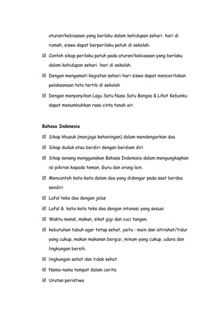 aturan/kebiasaan yang berlaku dalam kehidupan sehari hari di
rumah, siswa dapat berperilaku patuh di sekolah.
 Contoh sikap perilaku patuh pada aturan/kebiasaan yang berlaku
dalam kehidupan sehari hari di sekolah.
 Dengan mengamati kegiatan sehari-hari siswa dapat menceritakan
pelaksanaan tata tertib di sekolah
 Dengan menyanyikan Lagu Satu Nusa Satu Bangsa & Lihat Kebunku
dapat menumbuhkan rasa cinta tanah air.
Bahasa Indonesia
 Sikap khusuk (menjaga keheningan) dalam mendengarkan doa
 Sikap duduk atau berdiri dengan berdiam diri
 Sikap senang menggunakan Bahasa Indonesia dalam mengungkapkan
isi pikiran kepada teman, Guru dan orang lain.
 Mencontoh kata-kata dalam doa yang didengar pada saat berdoa
sendiri
 Lafal teks doa dengan jelas
 Lafal & kata-kata teks doa dengan intonasi yang sesuai
 Waktu mandi, makan, sikat gigi dan cuci tangan.
 kebutuhan tubuh agar tetap sehat, yaitu : main dan istirahat/tidur
yang cukup, makan makanan bergizi, minum yang cukup, udara dan
lingkungan bersih.
 lingkungan sehat dan tidak sehat
 Nama-nama tempat dalam cerita
 Urutan peristiwa
 