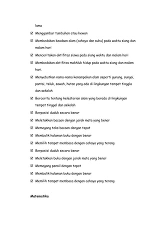 lama
 Menggambar tumbuhan atau hewan
 Membedakan keadaan alam (cahaya dan suhu) pada waktu siang dan
malam hari
 Menceritakan aktifitas siswa pada siang waktu dan malam hari
 Membedakan aktifitas makhluk hidup pada waktu siang dan malam
hari.
 Menyebutkan nama-nama kenampakan alam seperti gunung, sungai,
pantai, teluk, sawah, hutan yang ada di lingkungan tempat tinggla
dan sekolah
 Bercerita tentang kelestarian alam yang berada di lingkungan
tempat tinggal dan sekolah
 Berposisi duduk secara benar
 Meletakkan bacaan dengan jarak mata yang benar
 Memegang teks bacaan dengan tepat
 Membalik halaman buku dengan benar
 Memilih tempat membaca dengan cahaya yang terang
 Berposisi duduk secara benar
 Meletakkan buku dengan jarak mata yang benar
 Memegang pensil dengan tepat
 Membalik halaman buku dengan benar
 Memilih tempat membaca dengan cahaya yang terang
Matematika
 