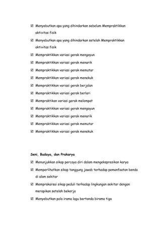  Menyebutkan apa yang dihindarkan sebelum Mempraktikkan
aktivitas fisik
 Menyebutkan apa yang dihindarkan setelah Mempraktikkan
aktivitas fisik
 Mempraktikkan variasi gerak mengayun
 Mempraktikkan variasi gerak menarik
 Mempraktikkan variasi gerak memutar
 Mempraktikkan variasi gerak menekuk
 Mempraktikkan variasi gerak berjalan
 Mempraktikkan variasi gerak berlari
 Mempraktikan variasi gerak melompat
 Mempraktikkan variasi gerak mengayun
 Mempraktikkan variasi gerak menarik
 Mempraktikkan variasi gerak memutar
 Mempraktikkan variasi gerak menekuk
Seni, Budaya, dan Prakarya
 Menunjukkan sikap percaya diri dalam mengekspresikan karya
 Memperlihatkan sikap tanggung jawab terhadap pemanfaatan benda
di alam sekitar
 Memprakarsai sikap peduli terhadap lingkungan sekitar dengan
merapikan setelah bekerja
 Menyebutkan pola irama lagu bertanda birama tiga
 