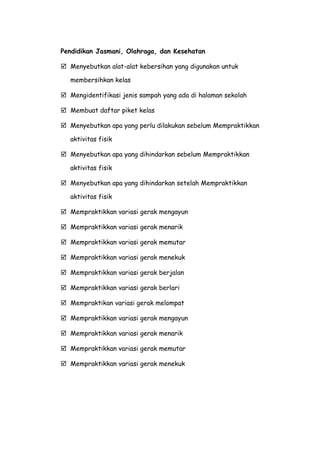 Pendidikan Jasmani, Olahraga, dan Kesehatan
 Menyebutkan alat-alat kebersihan yang digunakan untuk
membersihkan kelas
 Mengidentifikasi jenis sampah yang ada di halaman sekolah
 Membuat daftar piket kelas
 Menyebutkan apa yang perlu dilakukan sebelum Mempraktikkan
aktivitas fisik
 Menyebutkan apa yang dihindarkan sebelum Mempraktikkan
aktivitas fisik
 Menyebutkan apa yang dihindarkan setelah Mempraktikkan
aktivitas fisik
 Mempraktikkan variasi gerak mengayun
 Mempraktikkan variasi gerak menarik
 Mempraktikkan variasi gerak memutar
 Mempraktikkan variasi gerak menekuk
 Mempraktikkan variasi gerak berjalan
 Mempraktikkan variasi gerak berlari
 Mempraktikan variasi gerak melompat
 Mempraktikkan variasi gerak mengayun
 Mempraktikkan variasi gerak menarik
 Mempraktikkan variasi gerak memutar
 Mempraktikkan variasi gerak menekuk
 