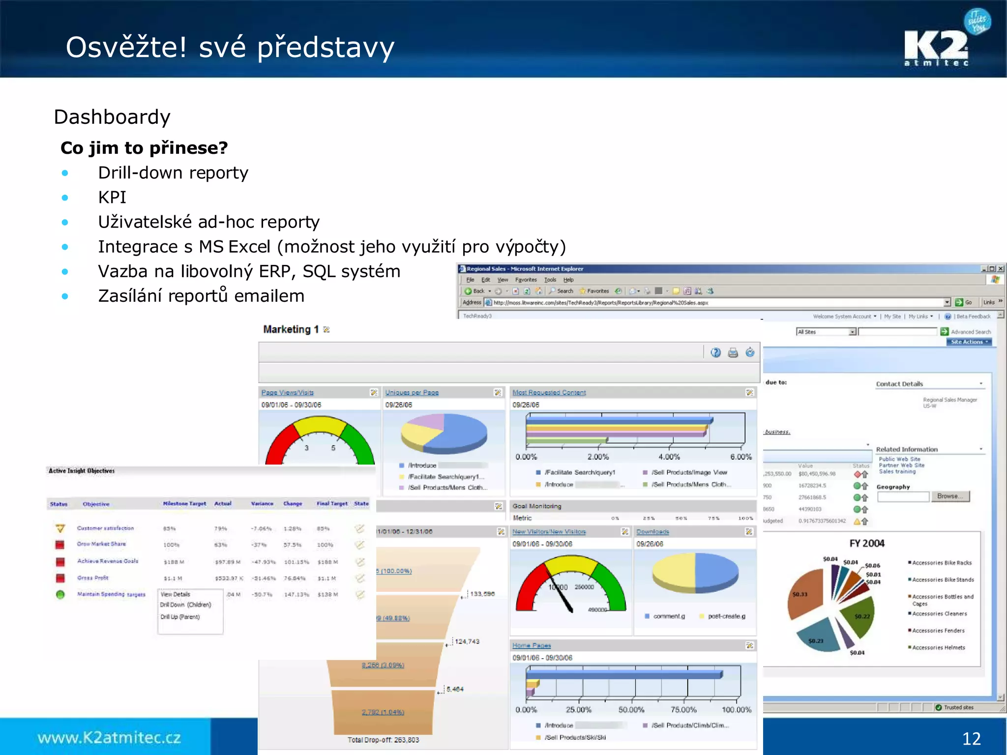 Dashboardy Co jim to přinese? Drill-down reporty KPI Uživatelské ad-hoc reporty Integrace s MS Excel (možnost jeho využití pro výpočty) Vazba na libovolný ERP, SQL systém Zasílání reportů emailem 