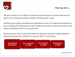 How we do it…


We base success on our ability to understand the importance of social media and the
power of our extensive business networks, finding people is easy.


Identifying high quality consultants and specialists through our professional Networks is
key in building and continuing the trusted relationships with our clients, and results in the
project deliverables which we can guarantee.


K2 has built one of the world’s most extensive Business network of quality enterprise
software professionals, verified by our proven REQ™ methodology.



     Worldwide           Our network           Our bench           Rockstars
     200,000+              70,000               10,000              3,000


                                                                              www.k2partnering.com
 