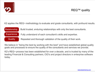 REQ™ quality



K2 applies the REQ™ methodology to evaluate and grade consultants, with profound results.

Relationship    Build trusted, enduring relationships with only the best consultants.

 Experience     Fully understand of each consultant’s skills and expertise.

   Quality      Repeated and thorough validation of the quality of their work.

We believe in “being the best by working with the best” and have established global quality
goals and processes to ensure the quality of the consultants and services we provide.
K2’s REQ™ process has been established for over a decade, and is trusted by many of the
leading Financial & Consulting partners, CIO’s and project directors in enterprise software
today.




                                                                              www.k2partnering.com
 