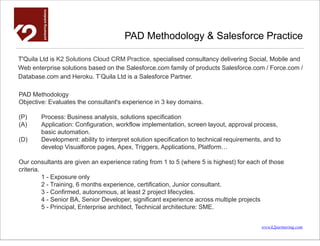 PAD Methodology & Salesforce Practice

T'Quila Ltd is K2 Solutions Cloud CRM Practice, specialised consultancy delivering Social, Mobile and
Web enterprise solutions based on the Salesforce.com family of products Salesforce.com / Force.com /
Database.com and Heroku. T’Quila Ltd is a Salesforce Partner.

PAD Methodology
Objective: Evaluates the consultant's experience in 3 key domains.

(P)     Process: Business analysis, solutions specification
(A)     Application: Configuration, workflow implementation, screen layout, approval process,
        basic automation.
(D)     Development: ability to interpret solution specification to technical requirements, and to
        develop Visualforce pages, Apex, Triggers, Applications, Platform…

Our consultants are given an experience rating from 1 to 5 (where 5 is highest) for each of those
criteria.
          1 - Exposure only
          2 - Training, 6 months experience, certification, Junior consultant.
          3 - Confirmed, autonomous, at least 2 project lifecycles.
          4 - Senior BA, Senior Developer, significant experience across multiple projects
          5 - Principal, Enterprise architect, Technical architecture: SME.


                                                                                          www.k2partnering.com
 