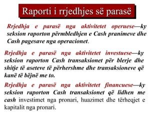 Raporti i rrjedhjes së parasë
 Rrjedhja e parasë nga aktivitetet operuese—ky
 seksion raporton përmbledhjen e Cash pranimeve dhe
 Cash pagesave nga operacionet.
Rrjedhja e parasë nga aktivitetet investuese—ky
seksion raporton Cash transaksionet për blerje dhe
shitje të aseteve të përhershme dhe transaksioneve që
kanë të bëjnë me to.
Rrjedhja e parasë nga aktivitetet financuese—ky
seksion raporton Cash transaksionet që lidhen me
cash investimet nga pronari, huazimet dhe tërheqjet e
kapitalit nga pronari.
 