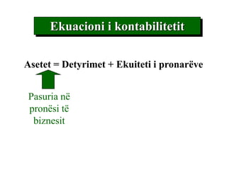 Ekuacioni i kontabilitetit

Asetet = Detyrimet + Ekuiteti i pronarëve


Pasuria në
pronësi të
 biznesit
 