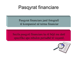 Pasqyrat financiare

     Pasqyrat financiare janë fotografi
      të kompanisë në terma financiar


Secila pasqyrë financiare ka të bëjë me datë
 specifike apo mbulon periudhë të veçantë.
 