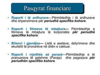 Pasqyrat financiare
• Raporti i të ardhurave—Përmbledhje i të ardhurave
  dhe shpenzimeve për periudhë specifike kohore.

• Raporti i fitimeve të mbajtura— Përmbledhje e
  fitimeve të mbajtura të korporatës për periudhë
  specifike kohore.

• Bilanci i gjendjes— Listë e aseteve, detyrimeve dhe
  ekuitetit të pronarëve në ditën e caktuar.

• Raporti i rrjedhës së parasë—Përmbledhje e të
  pranuarave të gatshme (Paraja) dhe pagesave për
  periudhën specifike kohore.
 