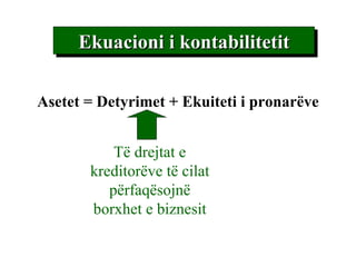 Ekuacioni i kontabilitetit Aset et  =  Detyrimet  +  Ekuiteti i pronarëve Të drejtat e kreditorëve të cilat përfaqësojnë borxhet e biznesit 