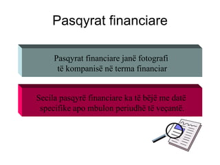 Pasqyrat financiare Pasqyrat financiare janë fotografi  të kompanisë në terma financiar Secila pasqyrë financiare ka të bëjë me datë  specifike apo mbulon periudhë të veçantë. 