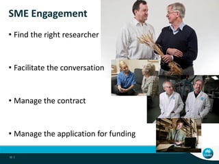 SME Engagement
• Find the right researcher


• Facilitate the conversation


• Manage the contract


• Manage the application for funding

11 |
 