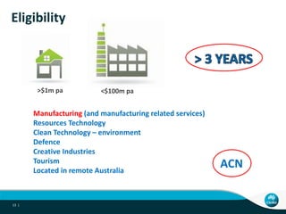 Eligibility



        >$1m pa           <$100m pa


       Manufacturing (and manufacturing related services)
       Resources Technology
       Clean Technology – environment
       Defence
       Creative Industries
       Tourism
       Located in remote Australia
                                                            ACN


13 |
 