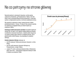 Na co patrzymy na stronie głównej
Naturalnie jednymi z pierwszych obszarów, na które patrzą
użytkownicy Facebooka, są Powiadomienia i Tablica. Tak niski
średni czas do pierwszej fiksacji dla listy aktualności (1 sekunda),
wynika z umiejscowienia wzroku w momencie załadowania strony.
Aby spojrzeć na elementy w lewej i prawej kolumnie, badani
potrzebowali średnio 1 minuty i 15 sekund. Nie oznacza to jednak,
że użytkownicy przeglądali boksy po bokach dopiero po
przejrzeniu Tablicy.
Analizując ścieżki skanowania wzrokiem wszystkich badanych
okazuje się, że część z nich najpierw oddaje pojedyncze fiksacje
na elementy w bocznych kolumnach, a dopiero potem skupia się
na czytaniu postów (patrz również na następnej stronie). Są to
jednak bardzo krótkie fiksacje, nie prowadzące do działania
(kliknięć).
Analiza kolejności kliknięć pokazuje, że:
— dla 66% badanych Tablica jest pierwszym obszarem, w który
   klikają
— dla 24% osób pierwszym obszarem kliknięcia są
   Powiadomienia, a drugim Tablica
— i jedynie 7% osób w pierwszej kolejności klika w Wydarzenia
   bądź Lewe menu – zdecydowana większość badanych robiła
   to dopiero po przejrzeniu Tablic


                                                                       16
 