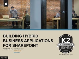 BUILDING HYBRID
BUSINESS APPLICATIONS
FOR SHAREPOINT
PRESENTED BY: JONATHAN KING
JK@K2.COM
@K2ONK2

K2.COM

 