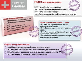 РЕЦЕПТ для идеальных ног   1600 Крем-Венотоник для ног  1601 Размягчающий крем-компресс для ног 1602 Гель после депиляции  1603 Охлаждающий спрей-дезодорант для ног РЕЦЕПТ для красивых волос 1609 Концентрированный шампунь от перхоти.  1610 Лосьон от перхоти для кожи головы (несмываемый)  1611 Активное средство, активизирующие рост волос  (с  RALA), 1612 Активное средство от выпадения волос  Рецепт для чувствительной  кожи 1617 «Мягкий очищающий мусс для чувствительной кожи»  1618 «Освежающий тоник для чувствительной кожи»  1619 «Успокаивающий дневной крем для чувствительной кожи»  1620 «Восстанавливающий ночной крем для чувствительной кожи»  