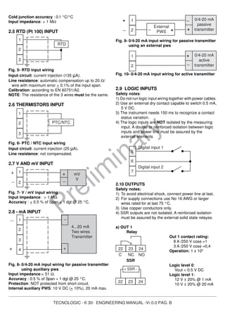 TECNOLOGIC - K 30- ENGINEERING MANUAL -Vr.0.0 PAG. B
Prelim
inary
Cold junction accuracy : 0.1 °C/°C
Input impedance: > 1 MΩ
2.5 RTD (Pt 100) INPUT
Fig. 5- RTD input wiring
Input circuit: current injection (135 µA).
Line resistance: automatic compensation up to 20 Ω/
wire with maximum error + 0.1% of the input span.
Calibration: according to EN 60751/A2.
NOTE: The resistance of the 3 wires must be the same.
2.6 THERMISTORS INPUT
Fig. 6- PTC / NTC input wiring
Input circuit: current injection (25 µA).
Line resistance: not compensated.
2.7 V AND mV INPUT
Fig. 7- V / mV input wiring
Input impedance: > 1 MΩ
Accuracy : + 0.5 % of Span + 1 dgt @ 25 °C.
2.8 - mA INPUT
Fig. 8- 0/4-20 mA input wiring for passive transmitter
using auxiliary pws
Input impedance:< 51 Ω.
Accuracy : 0.5 % of Span + 1 dgt @ 25 °C.
Protection: NOT protected from short circuit.
Internal auxiliary PWS: 10 V DC (+ 10%), 20 mA max.
Fig. 9- 0/4-20 mA input wiring for passive transmitter
using an external pws
Fig. 10- 0/4-20 mA input wiring for active transmitter
2.9 LOGIC INPUTS
Safety notes:
1) Do not run logic input wiring together with power cables.
2) Use an external dry contact capable to switch 0.5 mA,
5 V DC.
3) The instrument needs 150 ms to recognize a contact
status variation.
4) The logic inputs are NOT isolated by the measuring
input. A double or reinforced isolation between logic
inputs and power line must be assured by the
external elements
2.10 OUTPUTS
Safety notes:
1) To avoid electrical shock, connect power line at last.
2) For supply connections use No 16 AWG or larger
wires rated for at last 75 °C.
3) Use copper conductors only.
4) SSR outputs are not isolated. A reinforced isolation
must be assured by the external solid state relayes.
a) OUT 1
Relay
Out 1 contact rating:
8 A /250 V cosφ =1
3 A /250 V cosφ =0,4
Operation: 1 x 105
SSR
Logic level 0:
Vout < 0.5 V DC
Logic level 1:
12 V ± 20% @ 1 mA
10 V ± 20% @ 20 mA
1
2
3
PTC/NTC
1
2
3
RTD
1
2
mV
V
+
_
+
_
1
2
External
PWS + +_
_ 0/4-20 mA
passive
transmitter_
+
1
2
_
+ 0/4-20 mA
active
transmitter
22 23 24
NOC NC
22 23 24
+ SSR -
5
6
7
Digital input 1
Digital input 2
1
2
3
4...20 mA
Two wires
Transmitter
4 +
_
+
_
 