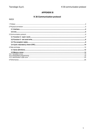 Tecnologic S.p.A. K 30 communication protocol
APPENDIX B
K 30 Communication protocol
INDEX
1 Preface ..............................................................................................................................................................................4
2 Physical connection ..........................................................................................................................................................5
2.1 Interface....................................................................................................................................................................5
2.2 Line............................................................................................................................................................................5
3 Communication protocol....................................................................................................................................................6
3.1 Function 3 - read n word..........................................................................................................................................7
3.2 Function 6 - one word write.....................................................................................................................................8
3.3 The exception replay................................................................................................................................................9
3.4 Cyclic redundancy check (CRC)...........................................................................................................................10
4 Data exchange.................................................................................................................................................................12
4.1 Some definitions....................................................................................................................................................12
4.2 Memory zones........................................................................................................................................................13
4.2.1 Variables zones..........................................................................................................................................................13
4.2.2 Parameters programming .........................................................................................................................................15
4.2.3 Identification code zone.............................................................................................................................................25
5 Performance.....................................................................................................................................................................25
1
 