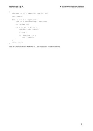 Tecnologic S.p.A. K 30 communication protocol
{
unsigned int i, j, temp_bit, temp_int, crc;
crc = 0xFFFF;
for ( i = 0; i < length; i++ ) {
temp_int = (unsigned char) *buffer++;
crc ^= temp_int;
for ( j = 0; j < 8; j++ ) {
temp_bit = crc & 0x0001;
crc >>= 1;
if ( temp_bit != 0 )
crc ^= 0xA001;
}
}
return (crc);
}
Note: all numerical values in the format 0x.... are expressed in hexadecimal format.
9
 