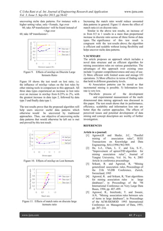 C.Usha Rani et al. Int. Journal of Engineering Research and Application www.ijera.com
Vol. 3, Issue 5, Sep-Oct 2013, pp.56-62
www.ijera.com 61 | P a g e
uncovering niche data patterns. For instance with a
higher setting value, only <Female, Age over
60, take AP transfusions> will be found instead of
<Age over
60, take AP transfusions>.
Figure 9. Effects of minSup on Discrete Large
Itemsets Ratio
Figure 10 shows the test result on lost ratio, i.e.
the influence of minSup values on the lost rules by
other mining tools in comparison to this approach. All
three data types experienced an increase in lost ratio
over an increase in minSup from 0.25% to 2%, with
the greatest increase in data type 2, followed by data
type 3 and finally data type 1.
The test results prove that the proposed algorithm will
help users uncover useful data patterns which
otherwise would be uncovered by traditional
approaches. Thus, our objective of uncovering niche
data patterns that would otherwise be left out is met
and proved by this test result.
Figure 10. Effects of minSup on Lost Itemsets
Figure 11. Effects of match ratio on discrete large
itemsets ratio
Increasing the match ratio would reduce unwanted
data patterns in general. Figure 11 shows the effect of
match ratio (r) on discrete ratio.
Similar to the above test results, an increase of
m from 0.5 to 1 results in a more than proportional
increase in discrete ratio across all three forms of data
types. The significance of this test result is
congruent with the test results above; the algorithm
is efficient and scalable without losing flexibility and
helps uncover niche data patterns.
V.SUMMARY
The article proposes an approach which includes a
novel data structure and an efficient algorithm for
mining association rules on various granularities. The
advantages of this approach over existing ones
include 1) greater comprehensiveness and easy of use.
2) More efficient with limited scans and storage I/O
operations. 3) More effective in terms of finding rules
that hold in different granularity levels.
4) Association patterns can be stored so that
incremental mining is possible. 5) Information loss
rate is very low.
Thewhole process of the development
and experimental measurement of the multi
dimensional data mining approach was discussed in
this paper. The test result shows that its performance,
efficiency, scalability and information loss rate are
better than the current approaches. The effects of
perceived issues and potential development of data
mining and concept description are worthy of further
investigation.
REFERENCES
Article in a journal:
[1] Agrawal,R and Shafer, J.C, “Parallel
mining of association rules”, IEEE
Transactions on Knowledge and Data
Engineering, 8(6) (1996) 962-969.
[2] He, L-J., Chen, L. C. and Liu, S.-Y.,
“Improvement of aprioriTID algorithm for
mining association rules”, Journal of
Yangtai University, Vol. 16, No. 4, 2003
Article in conference proceedings:
[3] Srikant, R. and Agrawal, R, “Mining
generalized association rules, Proceedings of
the 21th VLDB Conference, Zurich,
Swizerland, 1995
[4] Agrawal, R. and Srikant, R, “Fast algorithms
for mining association rules in large
databases”, in Proceedings of the ’94
International Conference on Very Large Data
Bases, 1994, pp. 487–499.
[5] Agrawal, R., Imielinski, T. and Swami,
A.N, “Mining association rules between sets
of items in large databases”, in Proceedings
of the ACM-SIGMOD 1993 International
Conference on Management of Data, 1993,
pp. 207–216.
 
