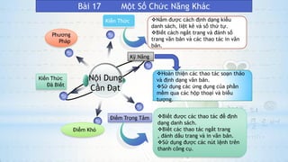 Bài 17 Một Số Chức Năng Khác
Nội Dung
Cần Đạt
Kỹ Năng
Điểm Trọng Tâm
Kiến Thức
Đã Biết
Kiến Thức
Điểm Khó
Phương
Pháp
Nắm được cách định dạng kiểu
danh sách, liệt kê và số thứ tự.
Biết cách ngắt trang và đánh số
trang văn bản và các thao tác in văn
bản.
Hoàn thiện các thao tác soạn thảo
và định dạng văn bản.
Sử dụng các ứng dụng của phần
mềm qua các hộp thoại và biểu
tượng.
Biết được các thao tác để định
dạng danh sách.
Biết các thao tác ngắt trang
, đánh dấu trang và in văn bản.
Sử dụng được các nút lệnh trên
thanh công cụ.
 