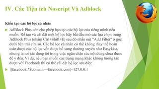 IV. Các Tiện ích Noscript Và Adblock 
Kiến tạo các bộ lọc cá nhân 
 AdBlock Plus còn cho phép bạn tạo các bộ lọc của riêng mình nếu 
muốn. Để tạo và cài đặt một bộ lọc hãy bắt đầu mở các lựa chọn trong 
Adblock Plus (nhấm Ctrl+Shift+E) sau đó nhấn nút "Add Filter" ở góc 
dưới bên trái cửa sổ. Các bộ lọc cá nhân có thể không thay thế hoàn 
toàn được các bộ lọc vốn được bổ sung thường xuyên như EasyList, 
nhưng lại có tác dụng tốt trong việc ngăn chặn các nội dung chưa được 
để ý đến. Ví dụ, nếu bạn muốn các trang mạng khác không tương tác 
được với Facebook thì có thể cài đặt bộ lọc sau đây: 
 ||facebook.*$domain=~facebook.com|~127.0.0.1 
 