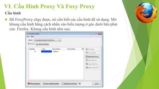 VI. Cấu Hình Proxy Và Foxy Proxy 
Cấu hình 
 Để FoxyProxy chạy được, nó cần biết các cấu hình để sử dụng. Mở 
khung cấu hình bằng cách nhấn vào biểu tượng ở góc dưới bên phải 
của Firefox. Khung cấu hình như sau: 
 